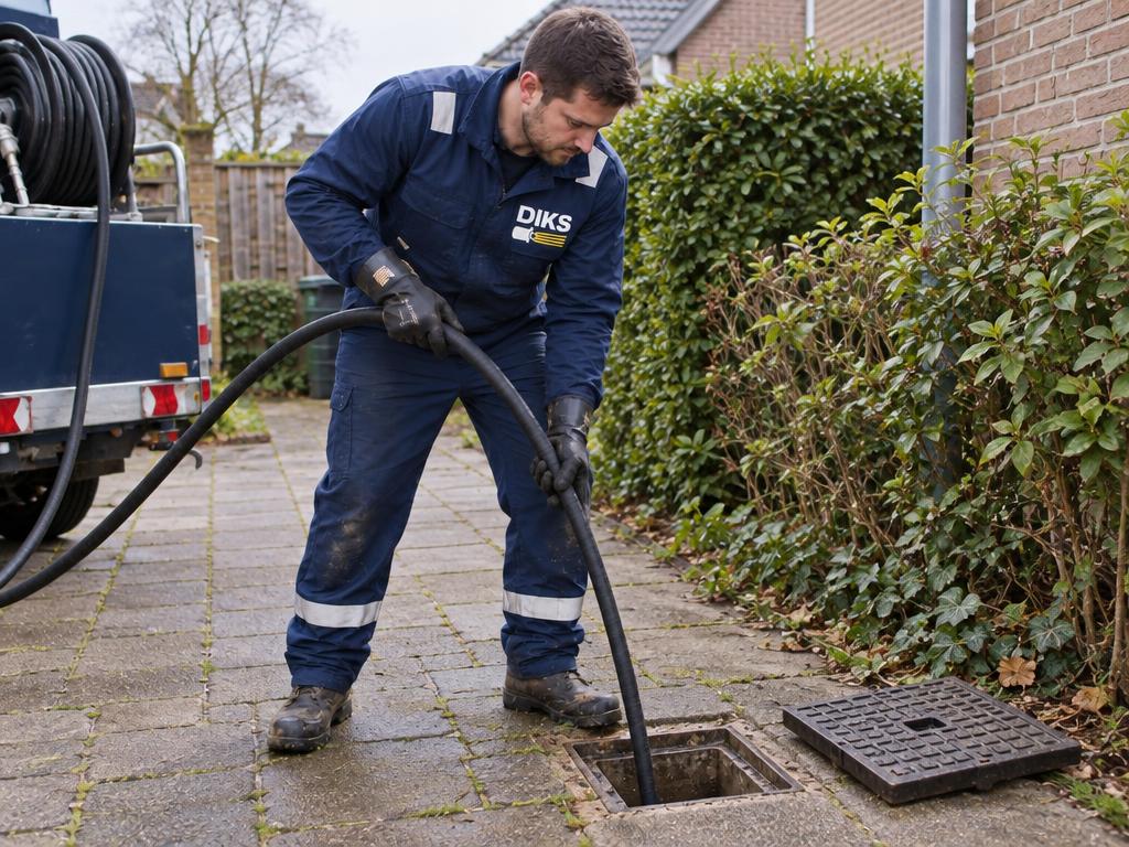 Monteur reinigt een rioolput in een tuin